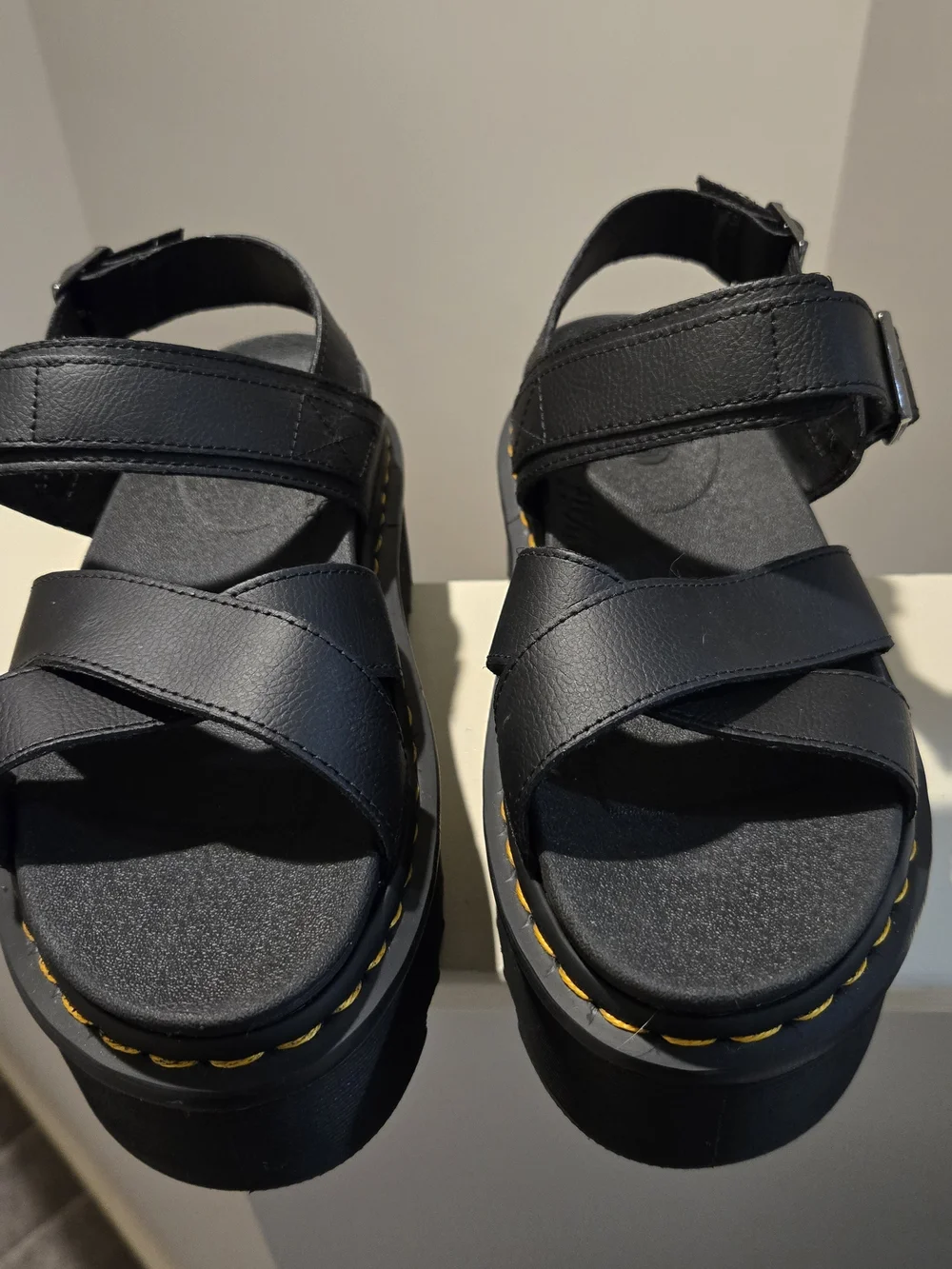 Dr. Martens Black Platform Sandal with Yellow Stitching